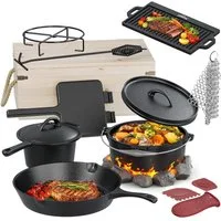HOMELUX Topf-Set 10/12-tlg. Dutch Oven Set in Holzkiste Kochtopf Grillplatte Stieltopf, Gusseisen (12-tlg., Silikon-Griffhülle, Stapelrost, Deckelheber, Reinigungsgeräte), Gusseisen, vorgebacken, Hitzebeständig bis 280 °C