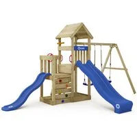 Wickey Klettergerüst SkyFlyer Spielturm mit 2 Podesten, 2 Rutschen & Doppelschaukel, (Wetterfester Massivholz Kletterturm für Outdoor-Abenteuer, Kletteranbau fördert Gleichgewicht, Bewegung & Motorik), Abenteuer für kleine & große Kinder mit 10 Jahre