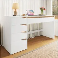 Flieks Schreibtisch Computertisch Arbeitstisch Bürotisch (140x50x78 cm, 1-St., 1 Tisch), Multifunktionstisch mit 5 Schubladen Schminktisch Weiß&Eichefarbe