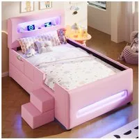 Flieks Polsterbett, Kinderbett Einzelbett 90x200cm mit LED-Lichtleisten, Schublade, Treppe