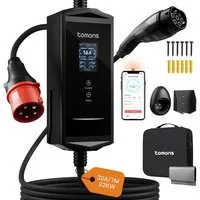 Tomons Mobile Wallbox 22kw mit APP,Typ 2 Ladekabel 7M, 2,4" LCD, IP65 Autoladekabel, Einstellbarer Ladeleistung&startzeit
