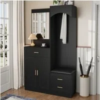 Merax Garderoben-Set mit Spiegel, Eingangsschrank mit verstellbaren Einlegeböden, (Moderne Garderobenschrank- & Schuhschrank-Kombination, 1-St., Eingangsschrank 110×185,5×33 cm), Kompaktgarderobe mit 1 Schublade, 3 Türen & Stauraum