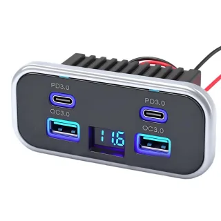 4-Port USB Car Charger Dual PD3.0 USB-C Dual QC3.0 Fast Charging 12V 24V Waterproof Metal Shell Digital Voltmeter Adapte