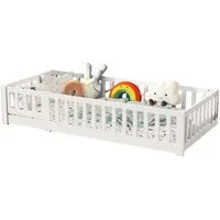 SEEZSSA Einzelbett Massivholzbett Holzbett Weiß Bodenbett mit Kopf und Fußteil Bett (90x200 cm Kinderbett Montessori Bett), mit Lattenrost und Rausfallschutz,Weiß-C