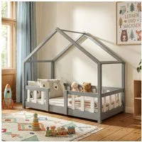 en.casa Kinderbett, »Treviolo« Haus-Optik Montessori 70x140 cm Hellgrau / Weiß