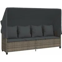 vidaXL Gartenliege Sonnenliege mit Dach und Kissen Grau Poly Rattan, 1 St.