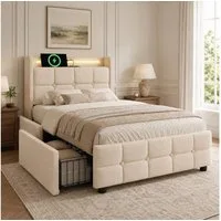 Flieks Polsterbett, LED-Beleuchtung Einzelbett 90x200cm mit Ladefunktion und 2 Schubladen
