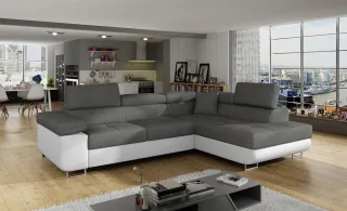 Ecksofa Schlafsofa SARRA Stoff Soft- Sawana Weiß-Dunkelgrau Ottomane Rechts