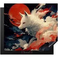 MuchoWow Herd-Abdeckplatte Weißer Fuchs - Wolken - Mond, Vinyl, (1 tlg), Ceranfeldabdeckung Küche, Herdabdeckplatte Einteilig, 59x51 cm