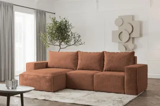 Ecksofa Designersofa ESTELLE in Stoff Abriamo Rostbraun Ottomane Links