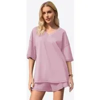 Imily Bela Hausanzug Damen Zweiteilig aus Baumwolle Locker V-Ausschnitt Loungewear (Set, 2 tlg., 2er-Pack, T-Shirt+Shorts) in Unifarbe