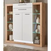 Furn.Design Highboard Rivian (Hochkommode in Eiche Dekor und weiß matt, 141 x 139 cm), 2 Schubladen und 11 Fächer