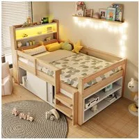 Flieks Kinderbett, Halbhochbett 90x200cm, Schrank mit Schiebetüren, LED-Leiste & Aufladen