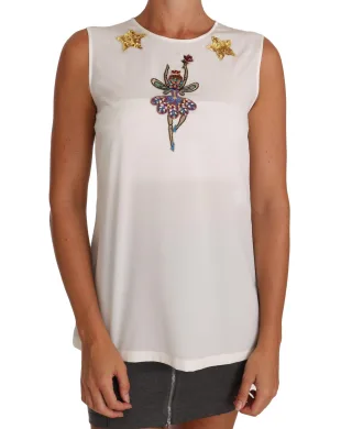 Dolce & Gabbana Women's White Silk Embellished Crystal Sequin Fairy Top