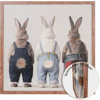 UNUS HOME Wanddekoobjekt Wandbild Hasen mit Latzhose (60x60cm), 3D Effekt, Hasen Wandbild, Tier Wanddeko, Wandbild Wolle, humorvoll