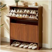 BBWL Schuhschrank mit Kippschutz, höhenverstellbare Fächer, MDF Flur Schuhkommode Schuhschrank 80x24 cm Nussbaum-Optik schmal mit Nutfront Dekotisch