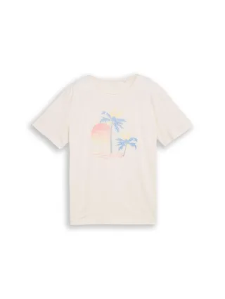 Tom Tailor - T-Shirt mit Palmen-Print Gardenia White - Gr. - XXXL