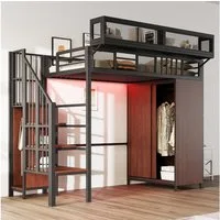 Merax Hochbett 90×200cm mit LED-Beleuchtung (Loftbett, 1-St., Jugendbett Einzelbett Mehrzweckbett) Metallbett Kinderbett mit Kleiderschrank, Stauraumtreppe & Ablagefach