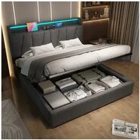 Flieks Polsterbett, Hydraulisches Doppelbett 160x200cm Stauraumkopfteil LED-Beleuchtung