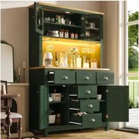 Flieks Küchenbuffet mit Arbeitsplatte in Holzoptik Natur & LED-Beleuchtung in Retro-Stil (1-St., B104/T40/H180 cm) Hochschrank Küchenschrank mit Gläserhalter, Schubladen und Glastüren