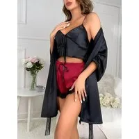 Elegant Love Morgenmantel Sexy Pyjama-Set für Damen, Dessous-Set, Kimono, Negligee aus Satin, Kimono-Kragen, Gürtel, Nachtwäsche und Loungewear, Verführerische Lingerie