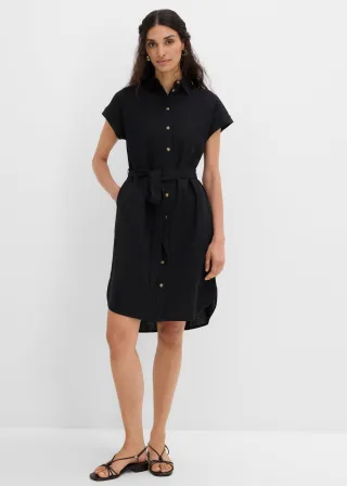 bonprix Hemdblusenkleid mit Leinenanteil und Bindegürtel, schwarz, Gr.50, elegantes Hemdblusenkleid mit Bindegürtel, aus schönen Leinen-Viskose -Mix, 51% Baumwolle