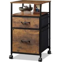 DEVAISE Aktenschrank Rollcontainer mit 2 Schubladen, Büro Aktenschrank auf Rollen (40T x 39B x 68H cm) Holzoptik & Metallrahmen, mobiler Aufbewahrungsschrank