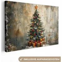 OneMillionCanvasses® Leinwandbild Weihnachtsbaum - Vintage - Weihnachten - Geschenk, Fotodruck (1 St), Leinwand Bilder Klein, Wand Dekoration Aesthetic 30x20 cm