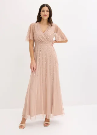 bonprix Abendkleid aus zartem Tüll mit Paillettenstickerei, beige, Gr.42, Maxikleid aus zartem Tüll mit Paillettenstickerei