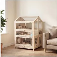 PawHut Kleintierkäfig Hamsterkäfig aus Holz mit Hütten Wippen Rampen Wasserschalen, für Kleintiere 68 x 61,5 x 90 cm Naturholz
