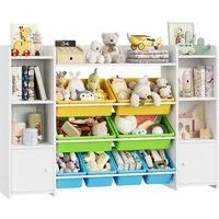 Homfa Spielzeugtruhe, Kinderregal Bücherregal Spiegelregal mit 8 Boxen weiß 138x29x94 cm