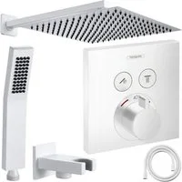 Hansgrohe und Jowi Duscharmatur ShowerSelect Unterputz Duscharmatur, Thermostat, Weiß, Regendusche (Unterputz-Duschsystem, Set) Mattweiß, Thermostat
