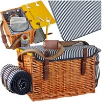 tectake Picknickkorb Ausflugstasche Rügen für 4 Personen, mit Kühlfach & Zubehör (Komplettset, 20-teiliges Geschirrset, Kellnermesser, Gewürzstreuer, Weinkühler), geflochtene Weide, 2 Schnallenverschlüsse und verstellbarer Tragegurt