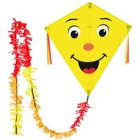 Wolkenstürmer Flug-Drache Kinderdrachen ab 3 Jahre Ready to Fly Outdoor Kite 75 cm, (Flugspielzeug Jungen Mädchen Rautendrachen mit Puschelschwanz, 1-tlg), Flugfertiger Rautendrachen Eddy ab 3 Jahre mit Gesicht Smile gelb