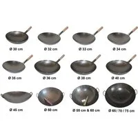 AAF Nommel Wok 30 bis 40 cm Ø China Gastronomie runder Boden Gasherd Carbon Stahl, Karbon-Stahl, Natürliche Antihaftbeschicchtung nach dem Einbrennen, Patina