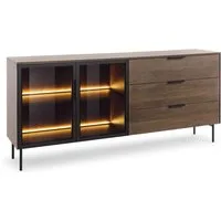 Lomadox Kommode LEXINGTON-167, Eiche Nb., schwarz, 181,4 cm, 2 Glastüren, 3 Schubladen, Beleuchtung