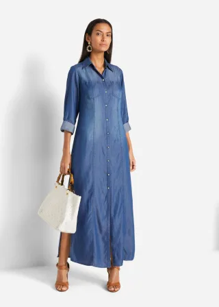 bonprix Hemdblusenkleid aus TENCEL™ Lyocell, blau, Gr.42, Elegantes Hemdblusenkleid aus TENCEL™ Lyocell