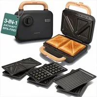 Lebenlang 3-in-1-Sandwichmaker Waffeleisen - Sandwichmaker - Kontaktgrill - Für Panini, Waffeln & Co., 750 W, 3in1 Kombi-Gerät, 15 Min. Timer, Hochwertiges Holzdesign