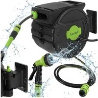 Gardlov Gartenschlauch Gartenschlauchtrommel Gartenschlauchaufroller, Ausgelegt für bis zu 6 bar Druck, (Spar-Set, 7 Modis), 2m Anschlussleitung, Wandhalterung, Spritze und Montagematerial