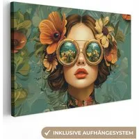 OneMillionCanvasses® Leinwandbild Frau - Blumen - Schmetterlinge - Natur - Vintage, Fotodruck (1 St), Leinwand Bilder Klein, Wand Dekoration Aesthetic 30x20 cm
