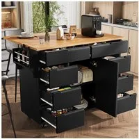i@home Kücheninsel Moderne Kücheninsel mit Ausziehbarer Tischplatte, (mobile Küchenwagen mit 8 Schubladen, Rollen und Gewürzregal), 122x46x91.5 cm, ideal für Küche & Esszimmer