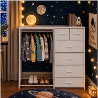 BBWL Kinderkleiderschrank mit 6 Schubladen, Kleiderstange, Steckdose und Schuhablage Multifunktions-Garderobe für Kinderzimmer