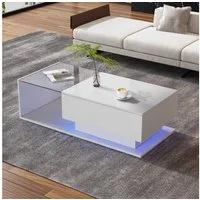 STILVORA Couchtisch Sofatisch mit Glastischplatte,Wohnzimmertisch mit LED&Lagerung,Weiß (mit 1 Schublade,100x50x32cm), mit Glasplatte und Schubladen, kratzfest