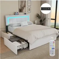 oyajia Polsterbett LED Doppelbett 140x200 cm, mit 4 Schubladen und Lattenrost (Kopfteil mit stauraum und USB-Ladefunktion, Polsterbett mit Metall Bettgestell, PU-Leder), Funktionsbett Stauraumbetten Jugendbett Bettgestell Leises Design Bett