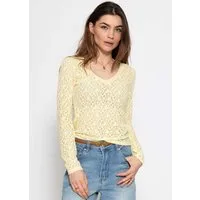 SASSYCLASSY Langarmshirt Spitzenshirt mit V-Ausschnitt für Damen Elegantes Langarmshirt mit floralem Muster in leichter Transparenz