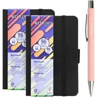 WESTCOTT Notizbuch DIN A6 kariert (2er-Set) inkl. PRIMESOFT Kugelschreiber, 80 g/m² FSC, Innentasche, Lesezeichen, Gummizug, Stifthalter