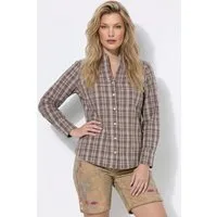 Ulla Popken Longbluse Bluse Karo Kelchkragen V-Ausschnitt Langarm
