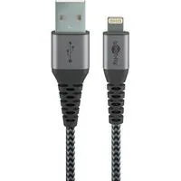 USB 2.0 Adapterkabel, USB-A Stecker > Lightning Stecker grau/silber, 2 Meter, gesleevt, Metallstecker
