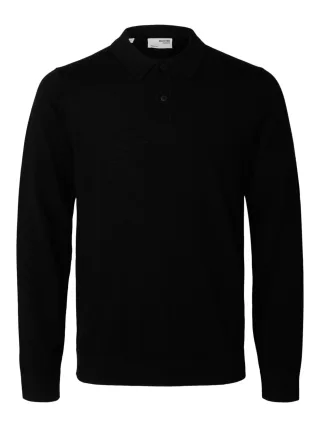 selected men - SLMTRAY LS KNIT MERINO POLO NOOS Black - Gr. - M