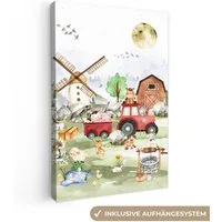 OneMillionCanvasses® Leinwandbild Bauernhof - Traktor - Kinder - Tiere, Fotodruck (1 St), Leinwand Canvas Wandbild, Wanddekoration 20x30 cm